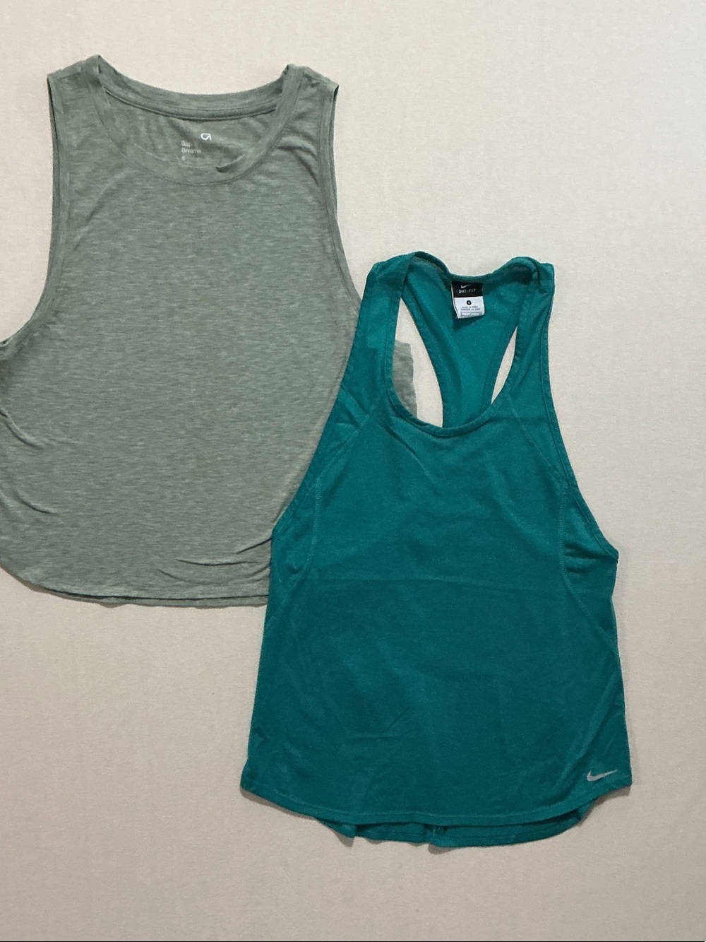 Nike and Gap Teal Racerback Tank Top with Heathered Sage Crop Layer
